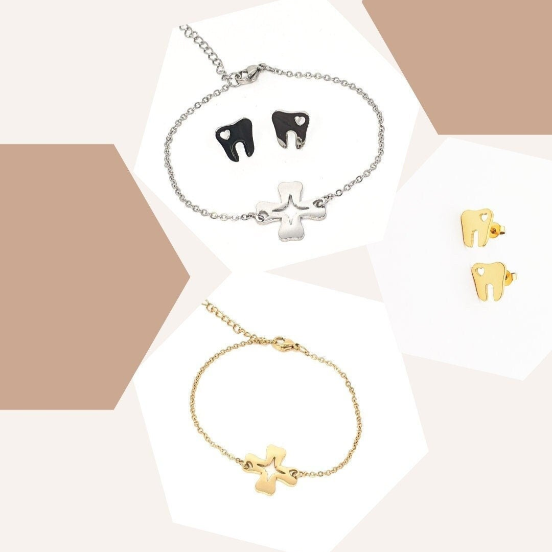 Ships Fast! 18K Gold-Plated Dental Earrings & Bracelet Set – The Perfect Gift for Dental Professionals